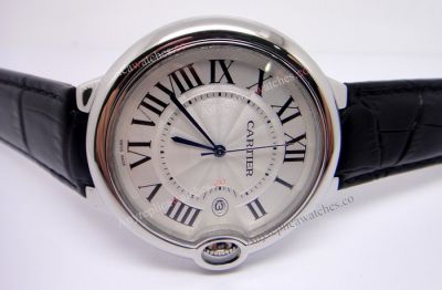 Balloon Blue Fake Cartier Watches Sale - SS Silver Face with Black Leather Strap